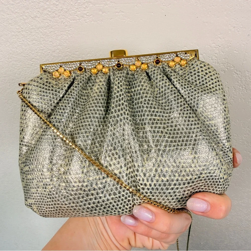Judith Leiber Silver Lizard Clutch Gem Rhinestone Vintage - Picture 4 of 14